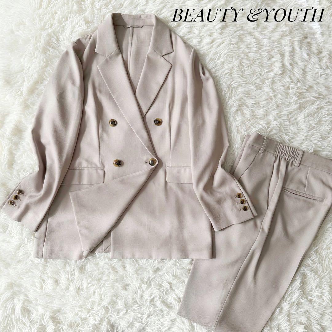 【美品】Beauty&Youth セットアップスーツ ダブル ベージュ 4ボタンVカラーダブルジャケット《セットアップ着用可》 (AJ243023-D