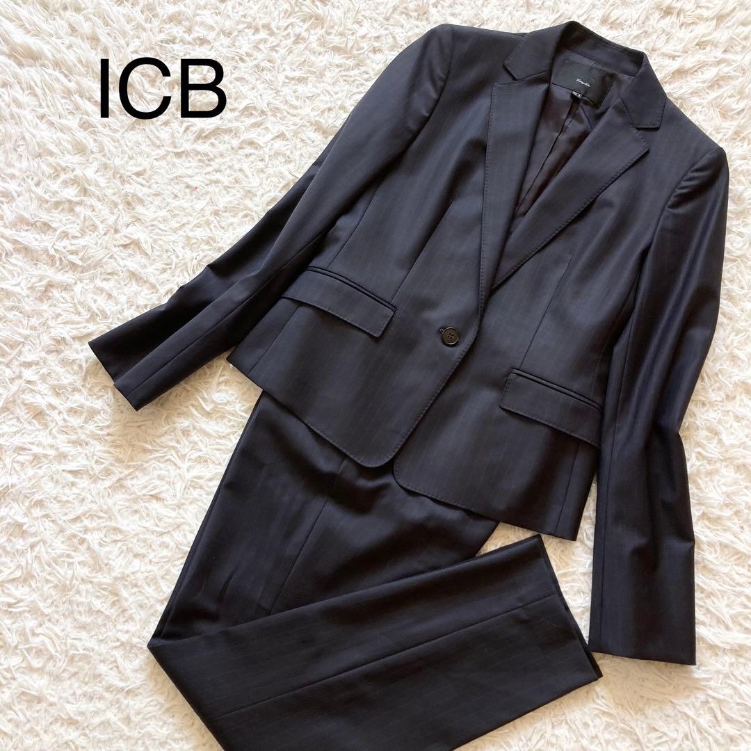 美品 ICB セットアップスーツ 11号 Lサイズ ダークネイビー ストライプ ICB（アイシービー） 良品 ストライプ パンツ スーツ セットアップ